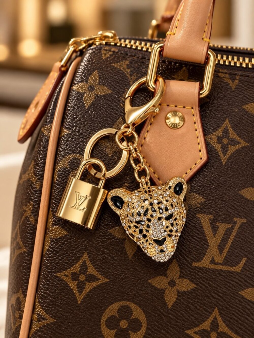 LOUIS VUITTON PadLock & Key #315 with Unbranded Leopard Rhinestone Key Chain!